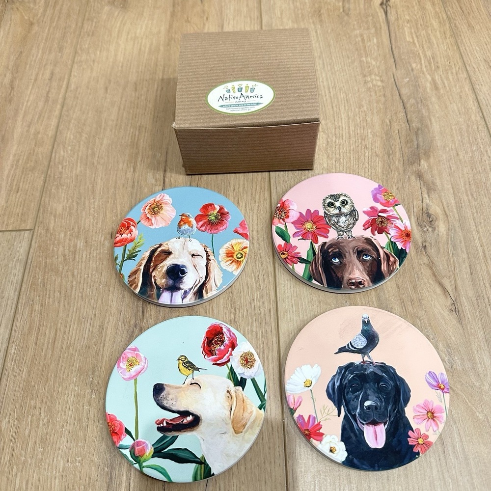 New In Box Whimsical Colorful Ceramic‎ Labrador Retriever Coaster Set 4 Handmade